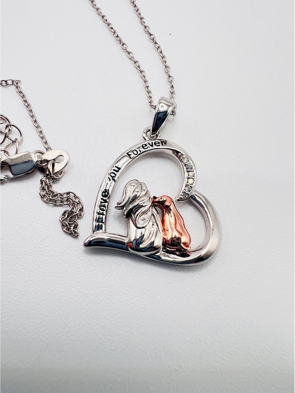 S925 Sterling Silver Two Dogs Heart Necklace I Love You Forever Pet Lover